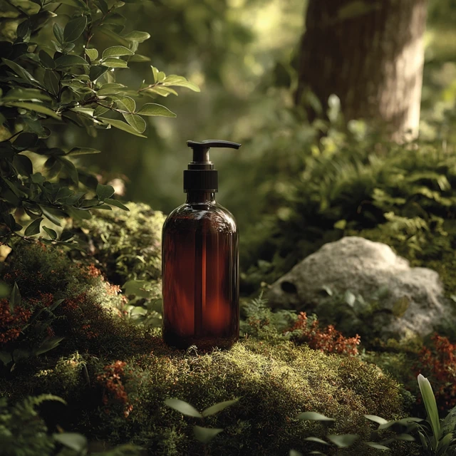 Amber Shampoo Bottle Mockup in Nature