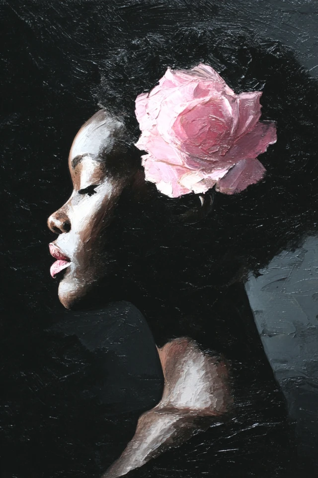 Oil Painting Black Woman with Rose