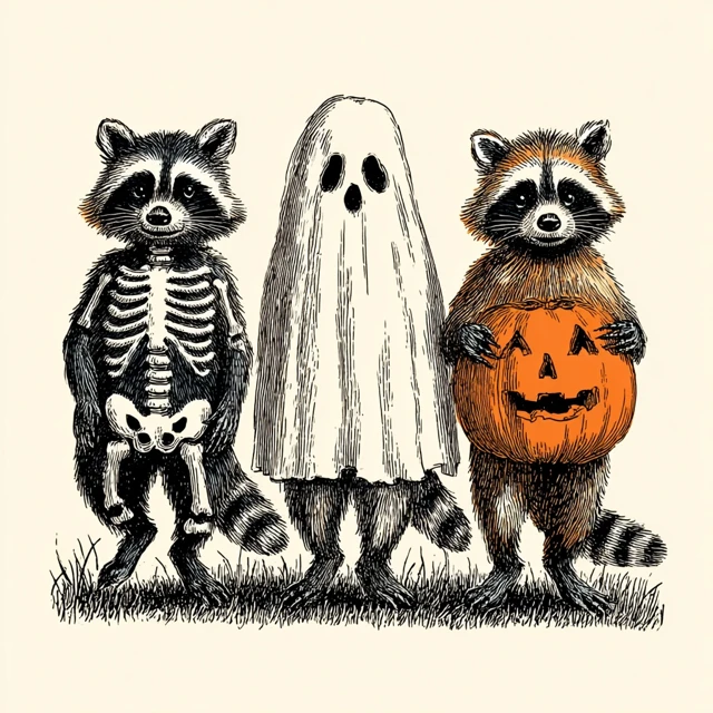 Halloween Raccoons Cartoon Illustration Vintage