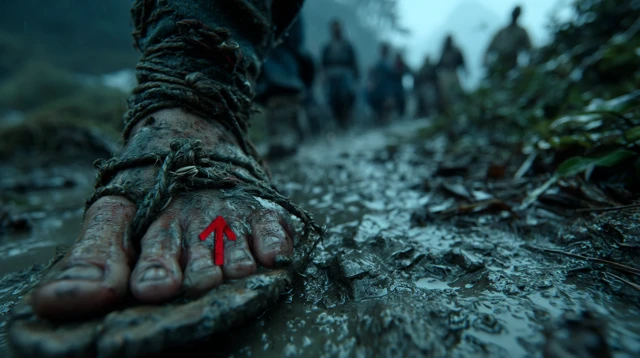 Ancient Chinese Footwear Journey on Muddy Path