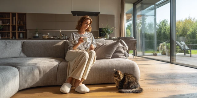 Woman Relaxing with Cat in Modern Living Room
