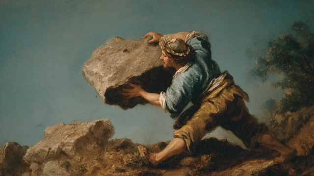Jan Steen Painting Strong Man Pushing Rock Up Hill