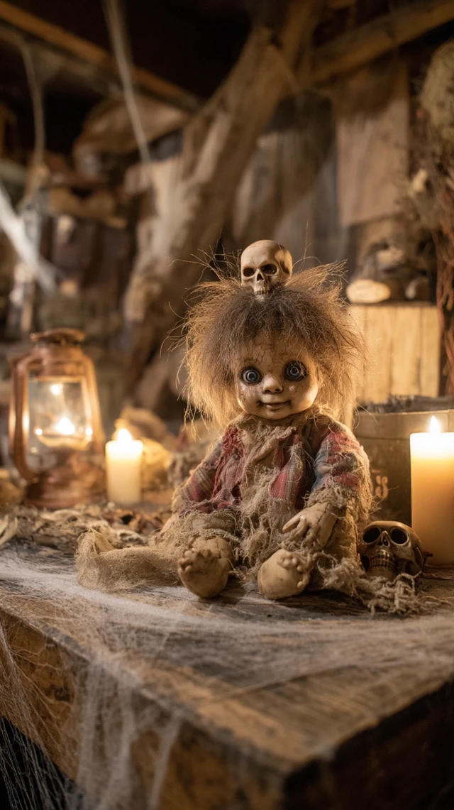 Creepy Doll and Skulls Halloween Scene