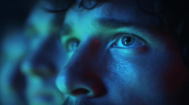 Man with Intense Gaze under Blue Emergency Light