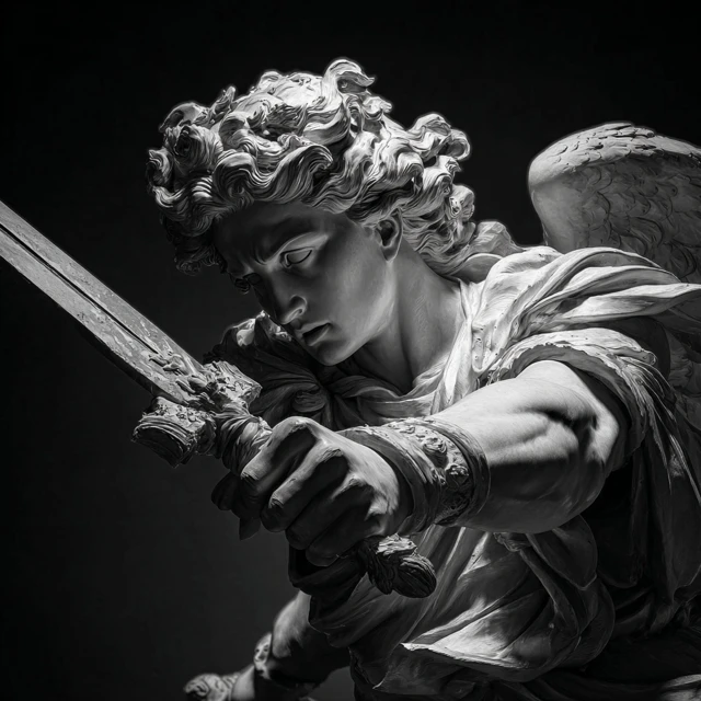 Archangel Michael Marble Sculpture Dramatic Lighting