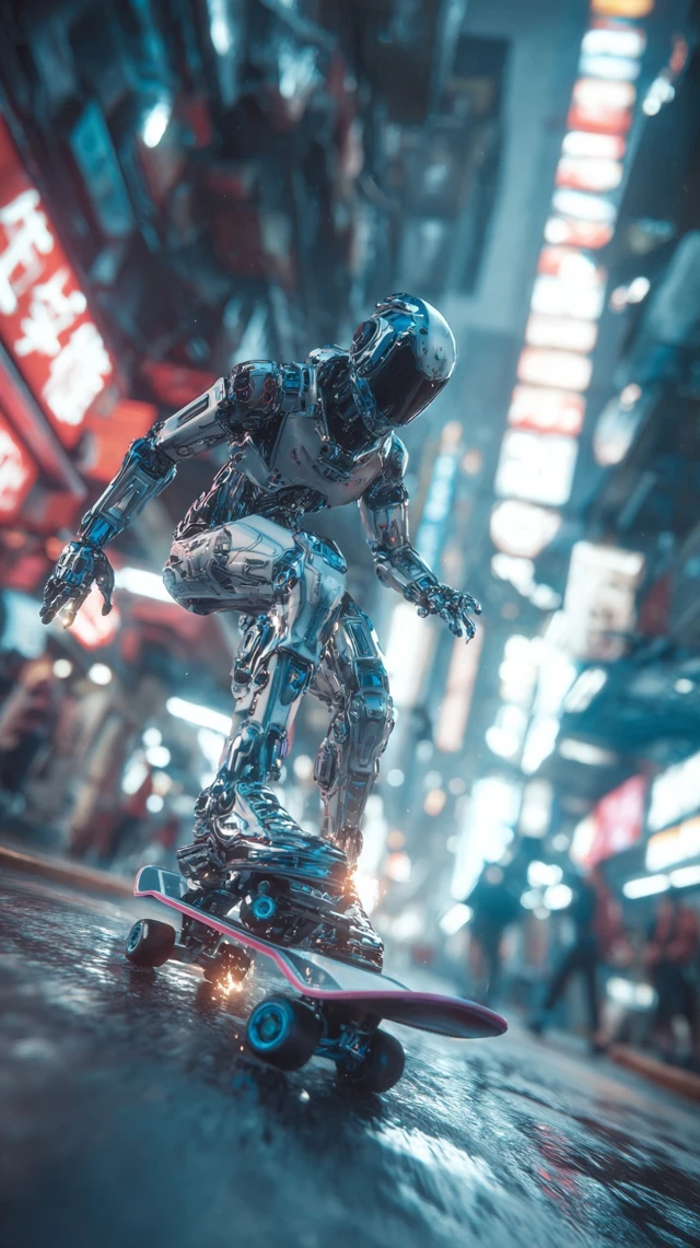 Cyberpunk Robot on Hoverboard