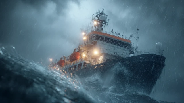 Industrial Ship Battling Storm Ocean Waves Photography