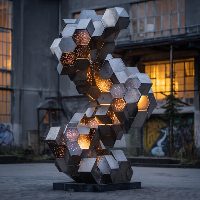 Abstract Stainless Steel Hive Sculpture with Lighting