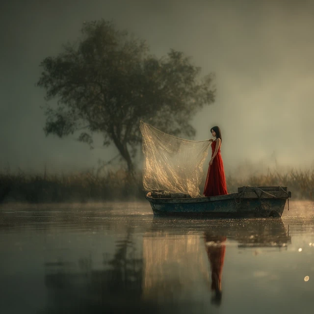 Surreal Photography Woman in Red Dress on Boat