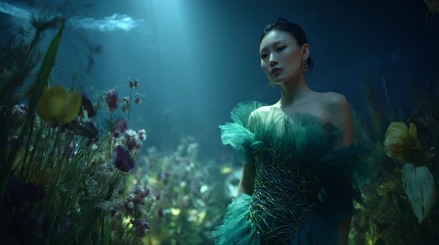 Surreal Portrait of Chinese Model in Emerald Dress