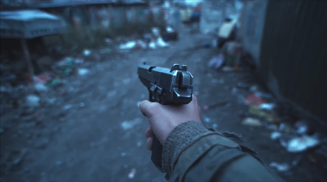 First Person Shooter POV Holding a Gun Realistic Photo