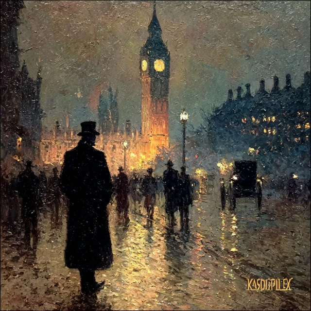 London 1886 Mysterious Night Scene Big Ben
