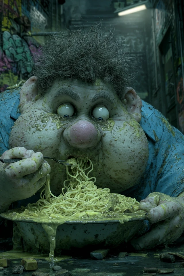 Gluttonous Man Devouring Spaghetti in Filthy Alley