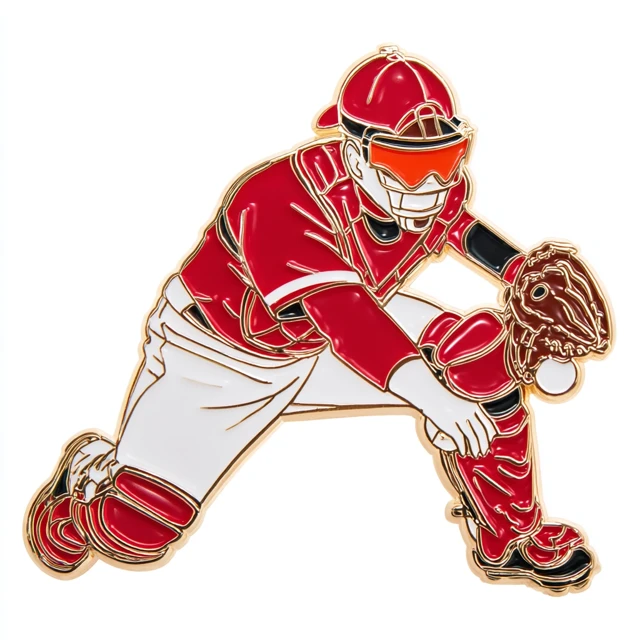 Baseball Catcher Enamel Pin Red Jersey Action Pose