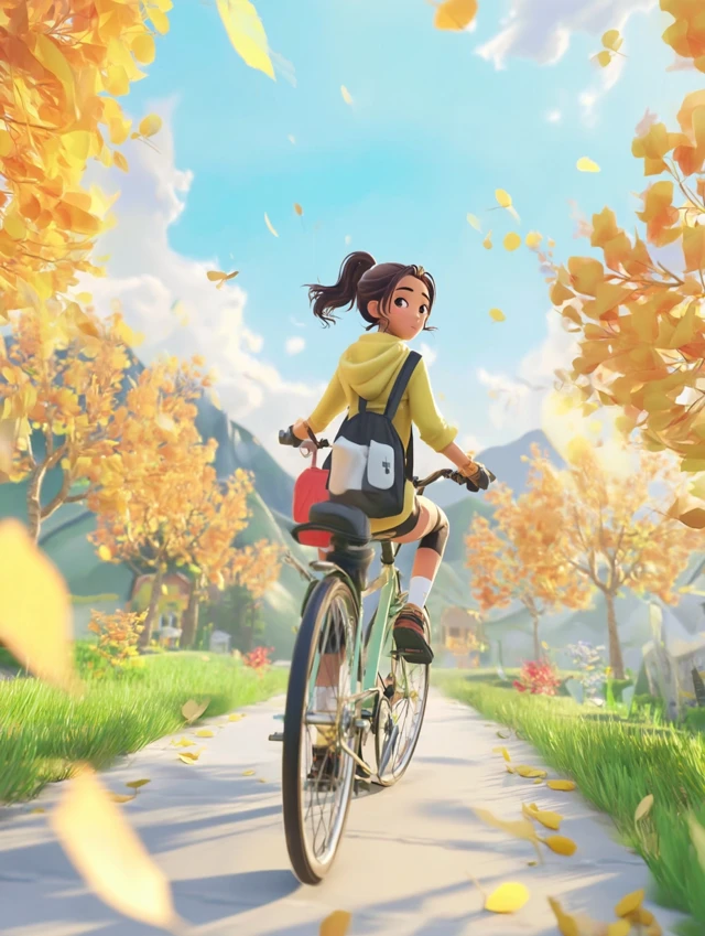 Girl Riding Bike Autumn Scene Illustration