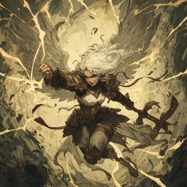 Fantasy Angel Woman with Lightning and Mace Battle Art