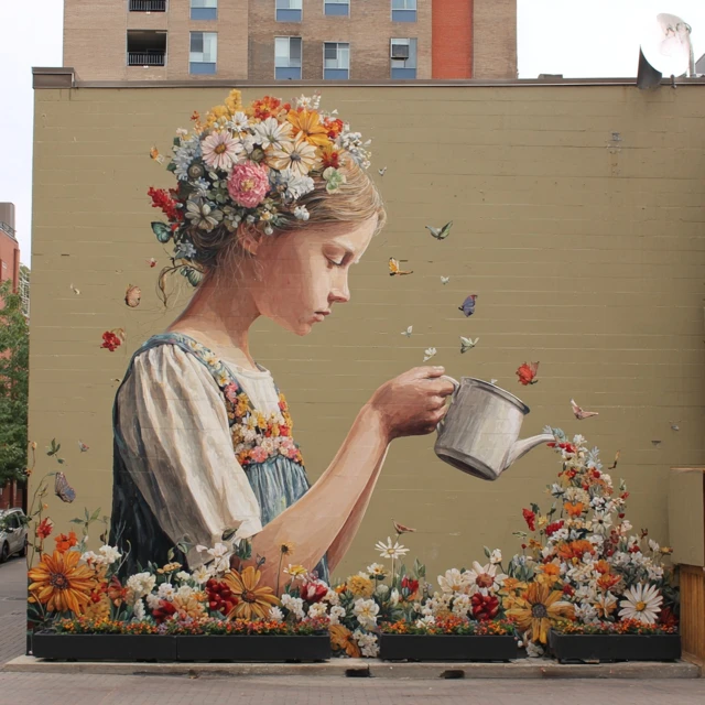 Mural Girl with Flowers and Coffee Cup