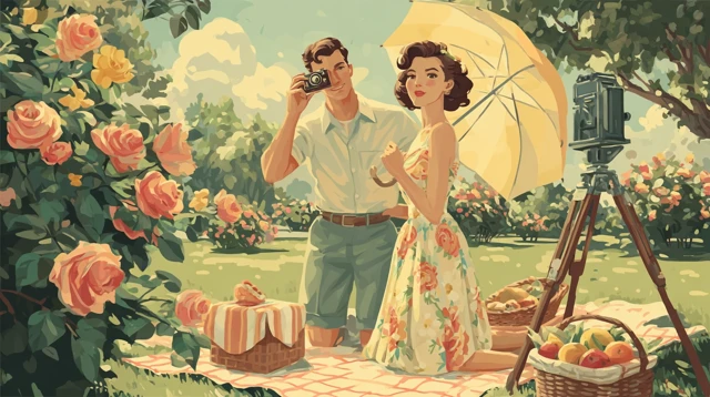 1950s Summer Picnic Illustration Retro Couple