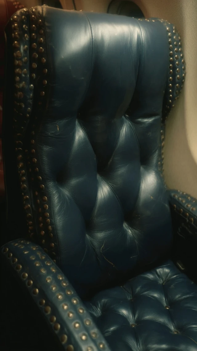 Navy Leather Airplane Seat Close Up Macro 8K