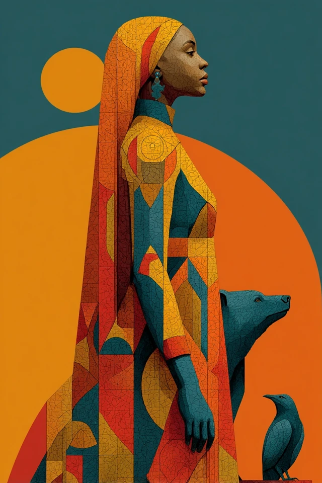 Black Woman Geometric Art Bear Hawk Symbolism