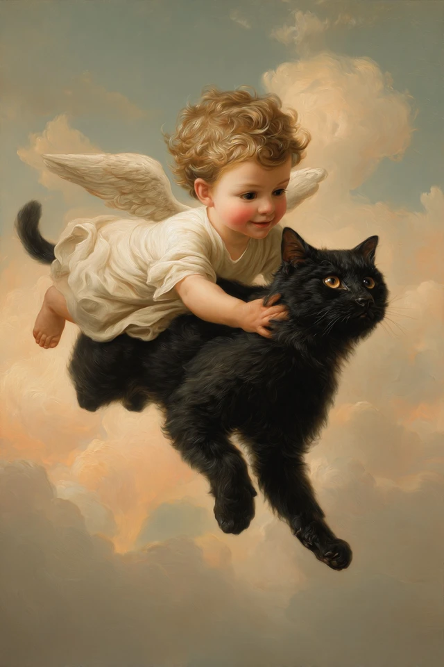 Angel Child Riding Cat Oil Painting