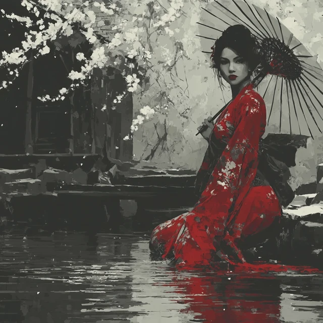 Geisha in a Creek Luis Royo Style