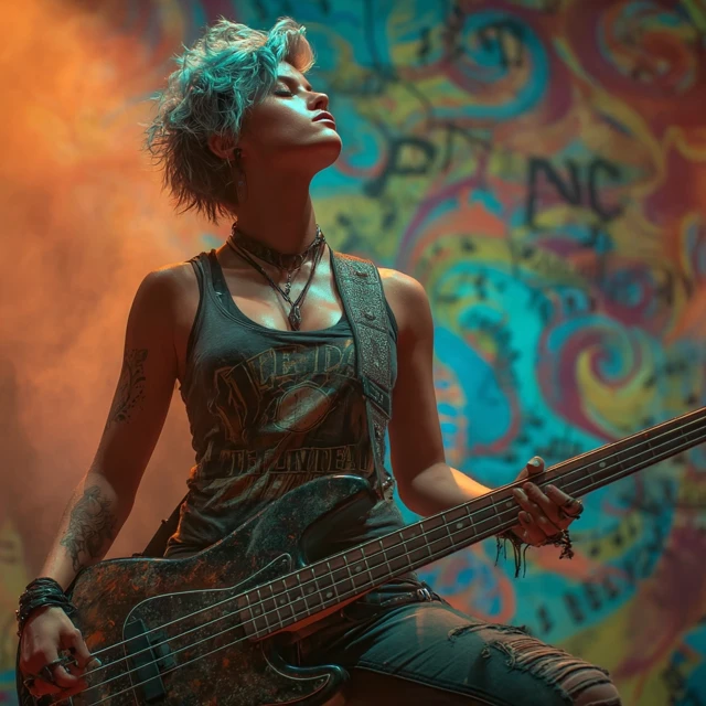 Female Bass Player Onstage with Psychedelic Lighting