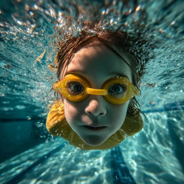 Underwater Photo Child in Yellow Goggles Swimming
