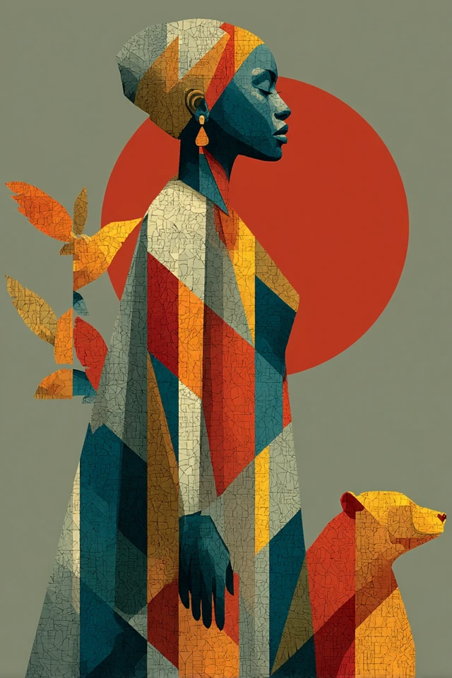 Black Woman Geometric Art Bear Hawk Symbolism