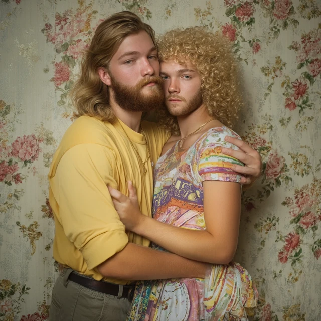Gay Couple Hollywood Glamour with Floral Backdrop