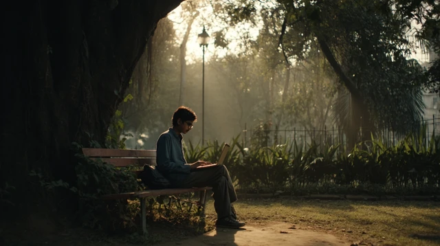Indian Man Coding Outdoors Cinematic Shot