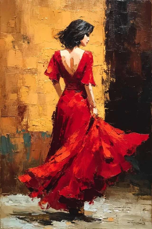 Flamenco Dancer Oil Painting Red Dress Spanish Art