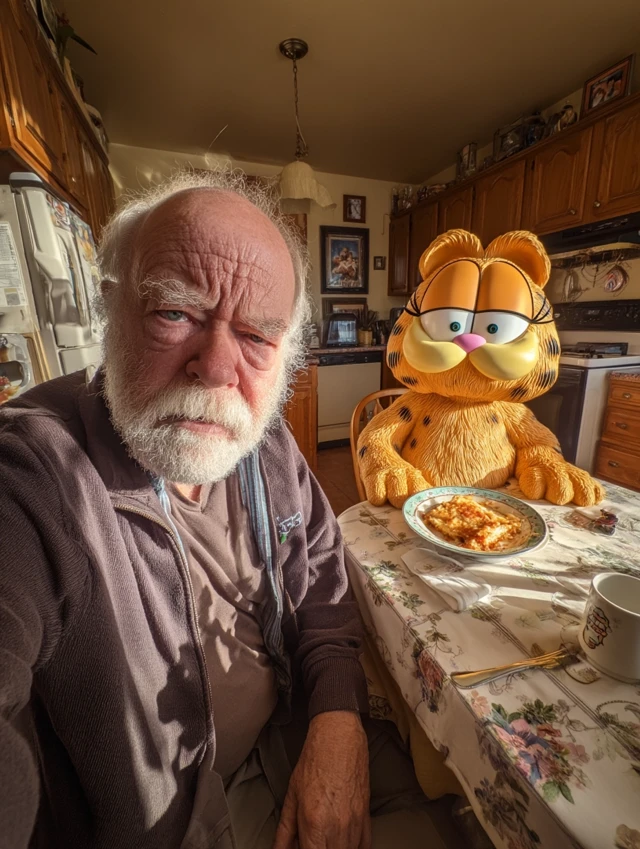 Grumpy Grandpa and Garfield Breakfast Selfie