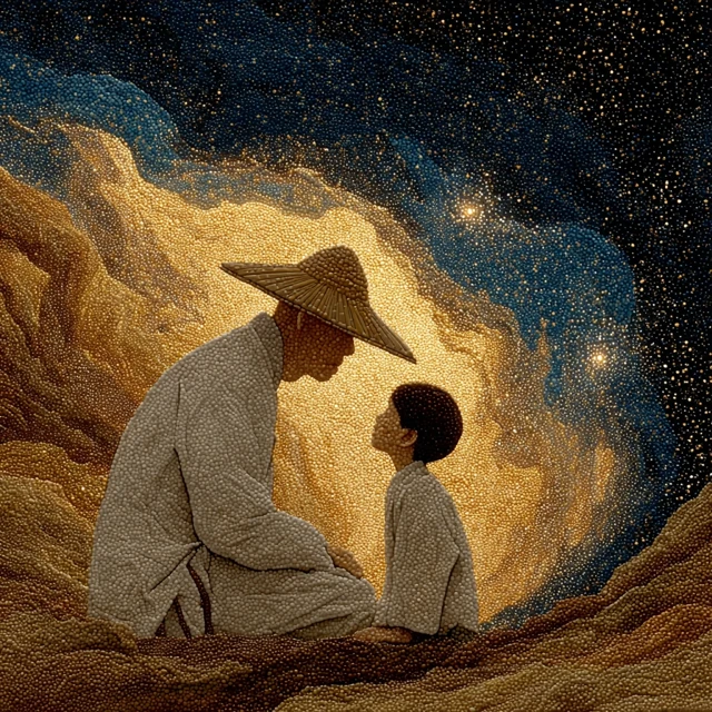 Father and Son Japanese Watercolor Painting