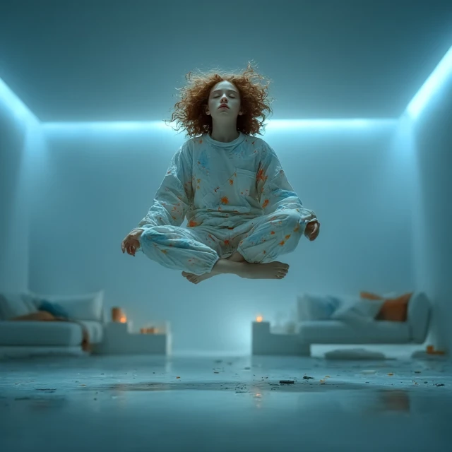 Floating Girl in Futuristic Room: Realistic Portrait