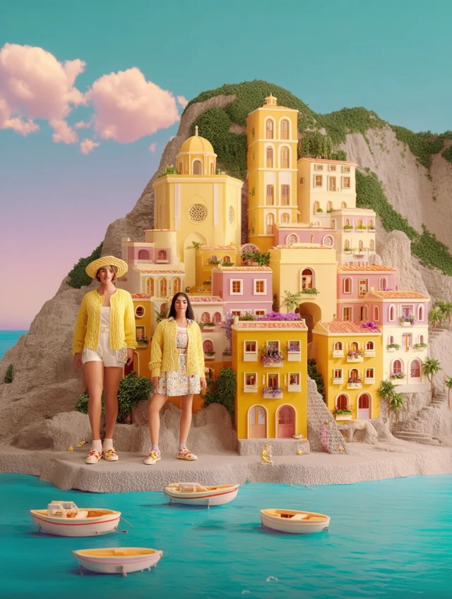 Amalfi Coast in Toy Cartoon Style Pastel Colors