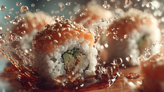 Sushi Rolls Artistically Floating with Soy Sauce