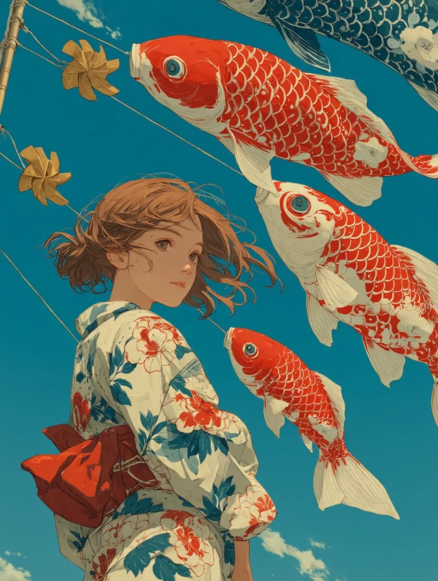 Anime Girl in Kimono with Koinobori