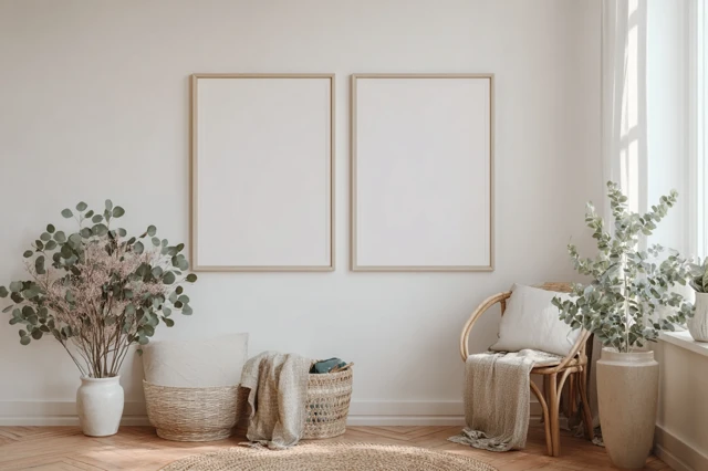 Scandinavian Rustic Room Design with Portrait Frames
