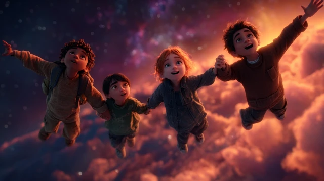 Children Floating in Space Dreamlike Cinematic Scene