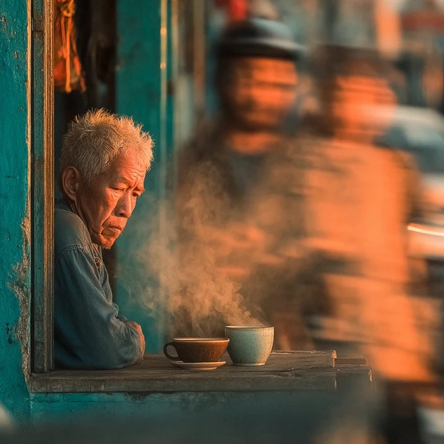 Jakarta Street Scene: Man at Warung in Rush Hour