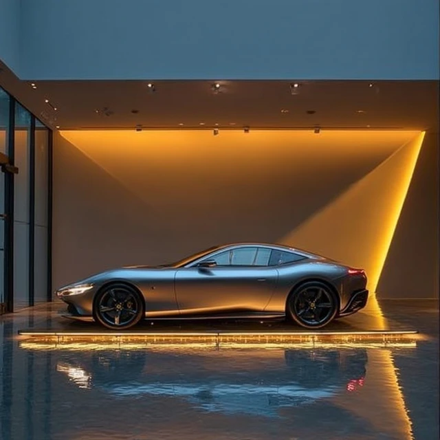 Race Car in Studio Yellow Lighting Reflective Surfaces