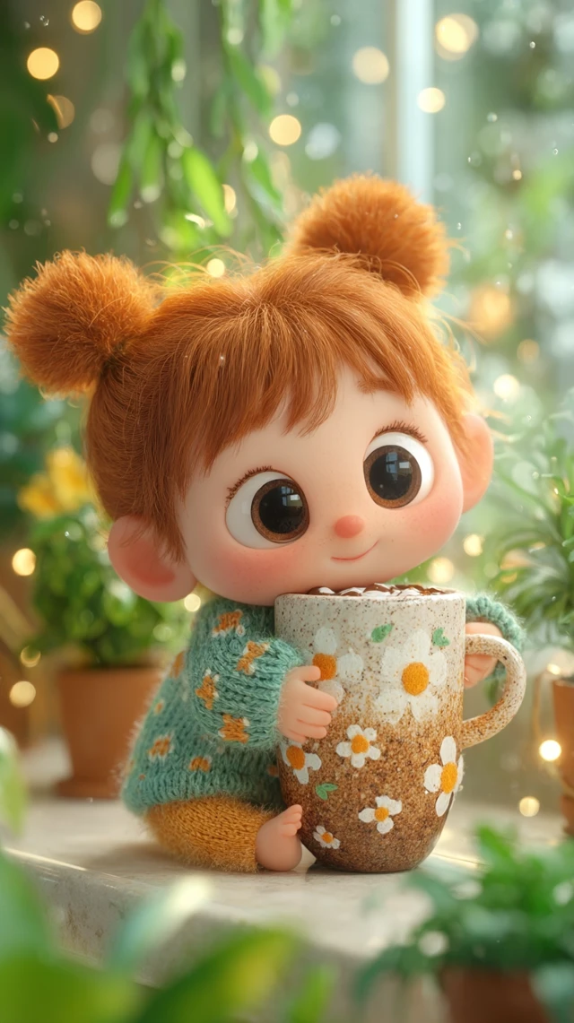 Cute Baby Girl Hugging Giant Coffee Cup 3D Render