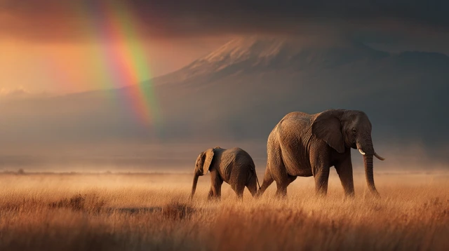 Mother Elephant and Calf on Savannah at Sunrise