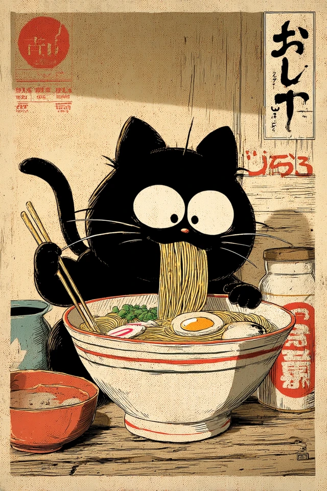 Kawaii Black Cat Ramen Art Hayao Miyazaki