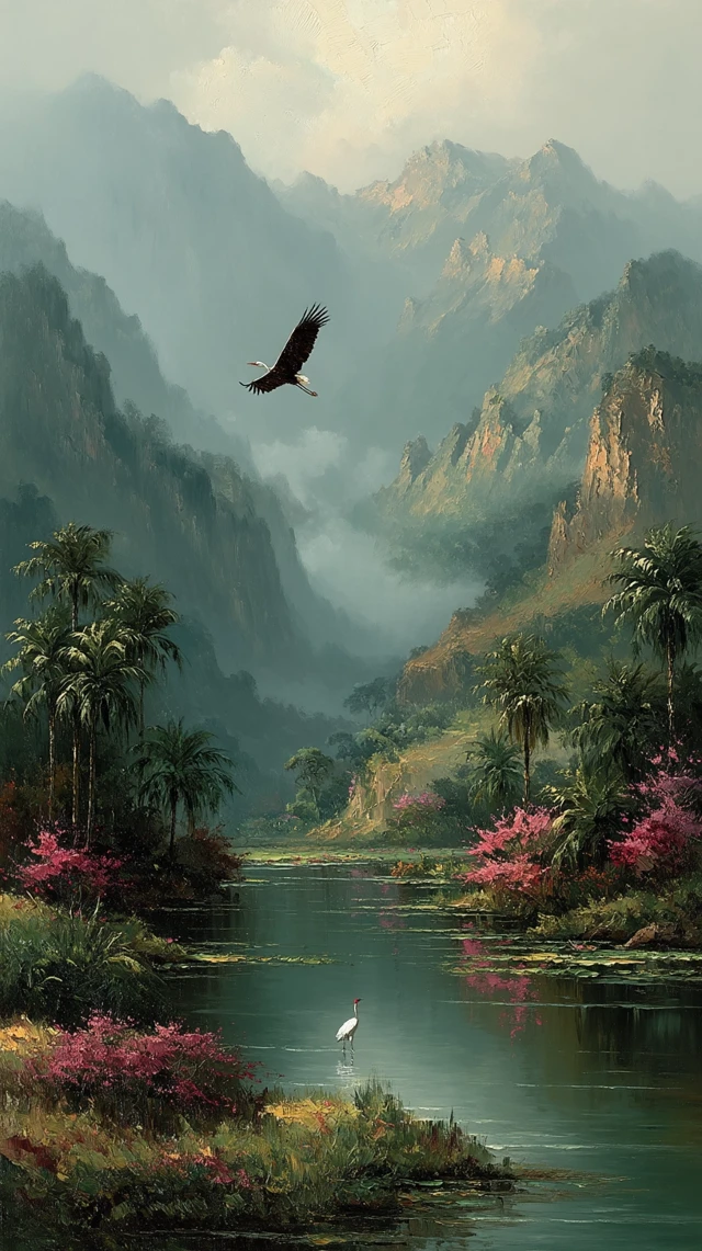 Majestic Eagle and Crane in Chinese Landscape Painting