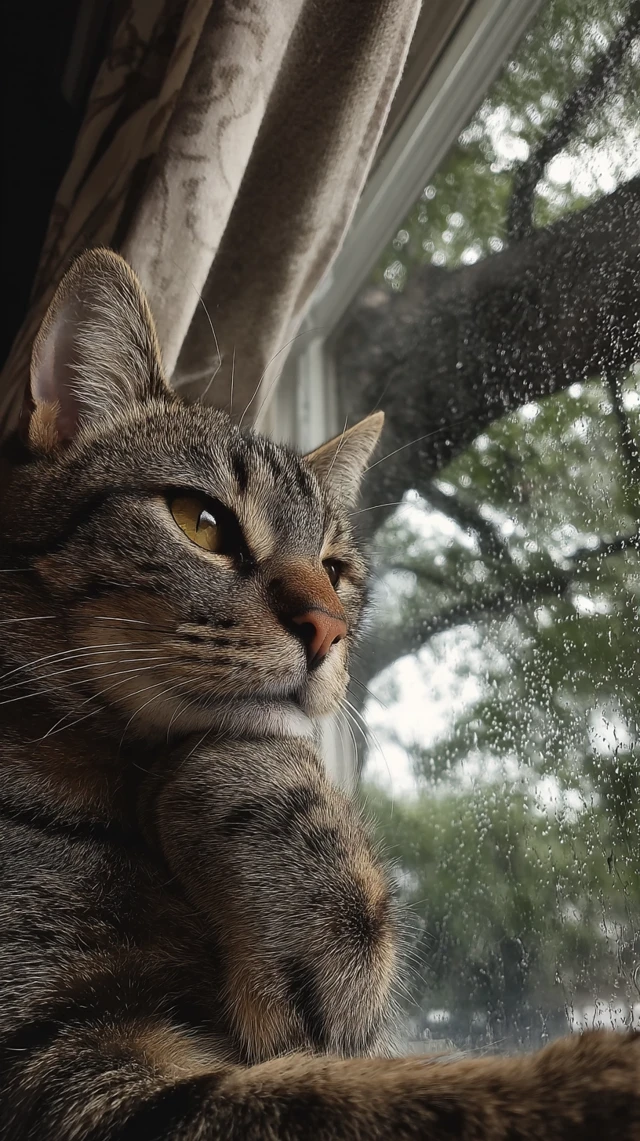 Contemplative Cat by Window Rainy Day