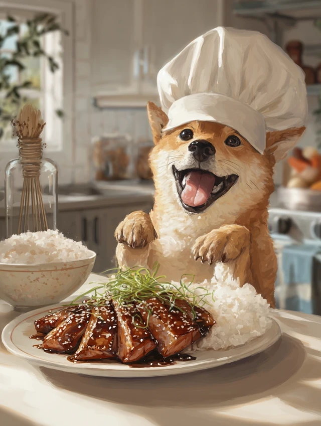 Chef Shiba Inu with Teriyaki and Rice