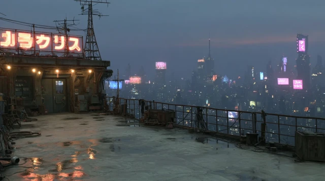 Cyberpunk Rooftop Dusk Cityscape