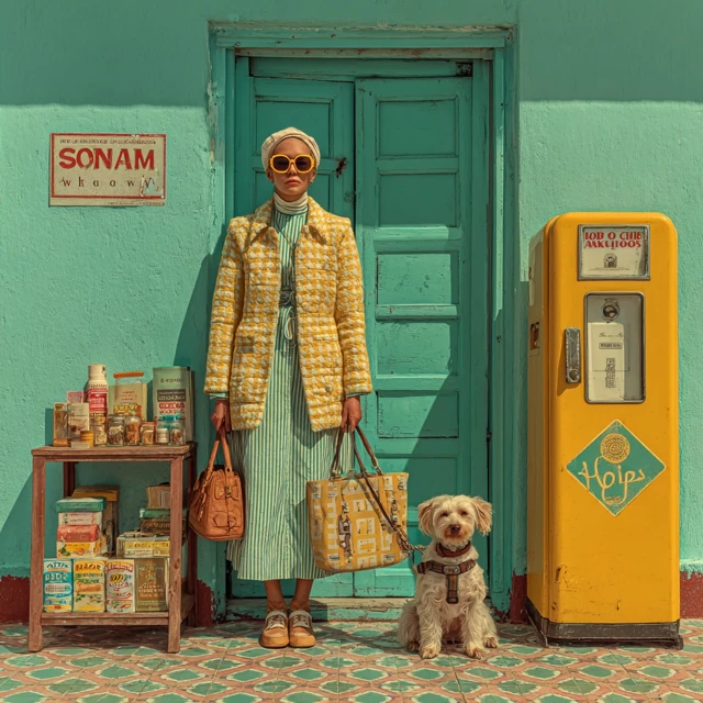Woman and Dog Wes Anderson Style Photo Real